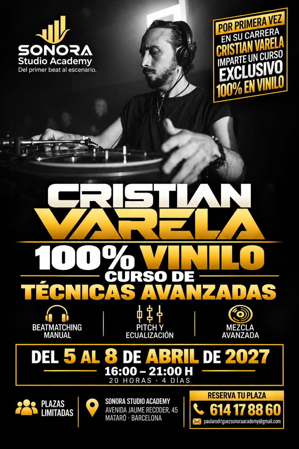 Cartel del curso exclusivo de Cristian Varela de técnicas avanzadas 100 % en vinilo, del 5 al 8 de abril de 2027